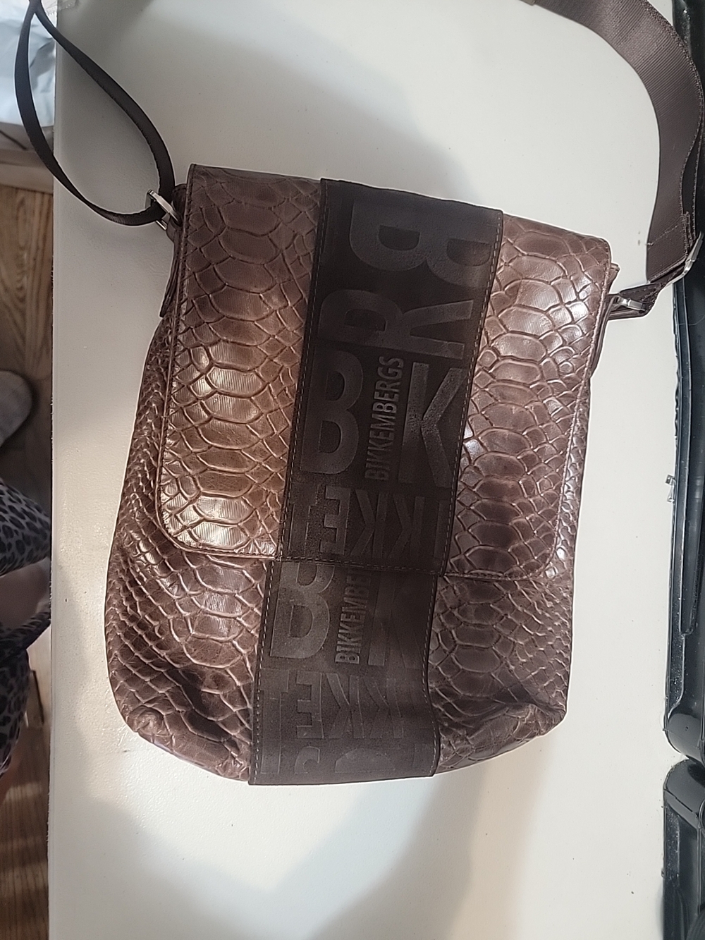 Bikkembergs Brown Textured Messenger Bag with Branded Center Stripe
